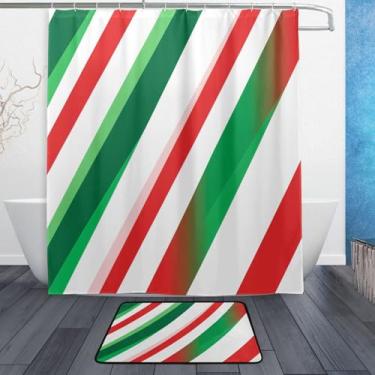 Imagem de xigua Conjuntos de tapetes de cortina de banho listrados diagonais verdes e vermelhos, 2 peças, conjunto temático de banheiro (152 x 182 cm) com cortina de chuveiro e tapete antiderrapante -12