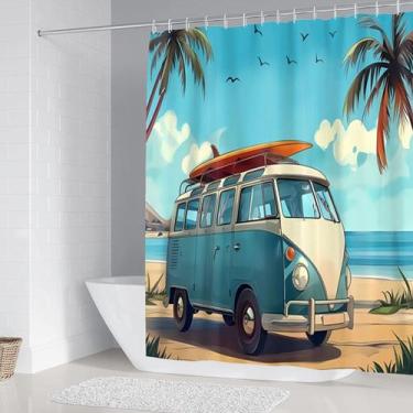 Imagem de Cortina de chuveiro Retro Van Beach Surfboard Palmeiras 180x200cm - yi