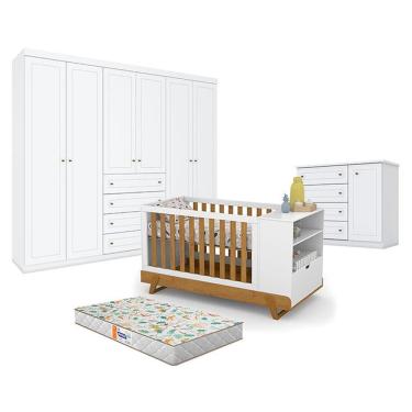 Imagem de Quarto De Bebê Americano 6 Portas Com Berço Multifuncional Bkids Branco Freijó Eco Wood - Matic - Henn E Colchão Gazin