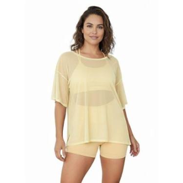 Imagem de Blusao Tule Feminina Fitness Academia Manga Curta Amarelo-Feminino