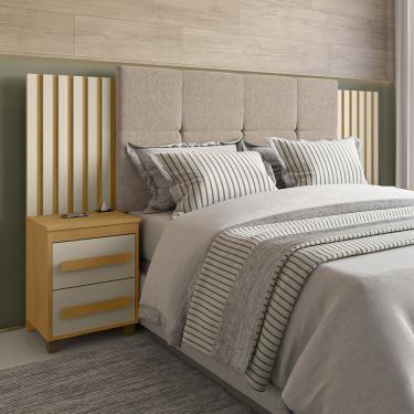 Imagem de Cabeceira Suíça Extensível Ripado C/ 2 Mesas De Cabeceira Painel Estofado - Cinamomo/off-white