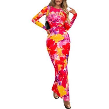 Imagem de Vestido PRETTYGARDEN Bodycon Maxi Floral Manga Longa Tamanho S