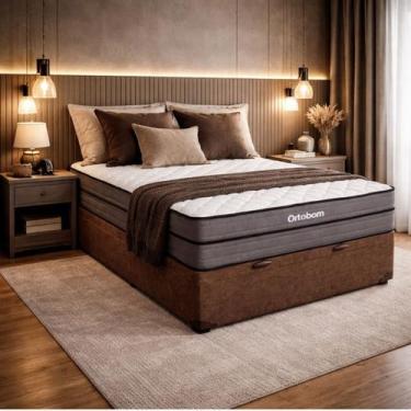 Imagem de Box Baú Casal Marrom Colchão Núvia Airtech Superpocket Ortobom