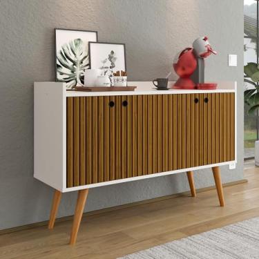 Imagem de Aparador Buffet Balcão 4 Portas Cantinho Café Prateleira Organizadora Pés Palito Madeira Retrô Decoração Sala Estar Jantar Hall Entrada Escritório Dallas - RPM (Off White/Ripado Nature)