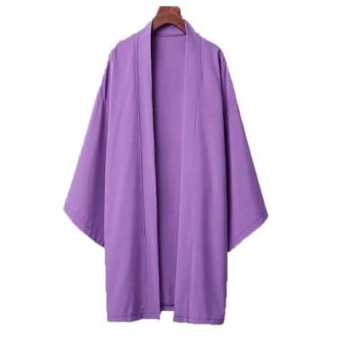 Imagem de Poncho Kimono Japonês Masculino Preto Longo Liso Casual De Verão Solto