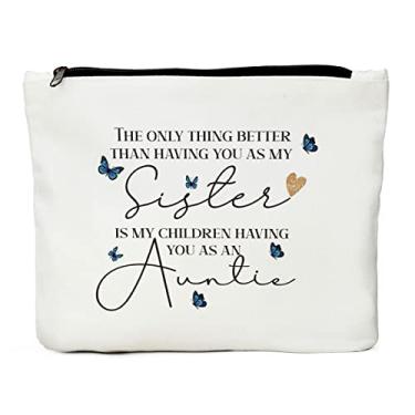 Imagem de Novos presentes para tia para irmãs, anúncios de gravidez para tia, irmã, amigas, melhores amigas, anúncio de nova tia, Ação de Graças, Natal, aniversário, chá de bebê, presentes para tia, bolsa de maquiagem, Azul: branco, L, Moda