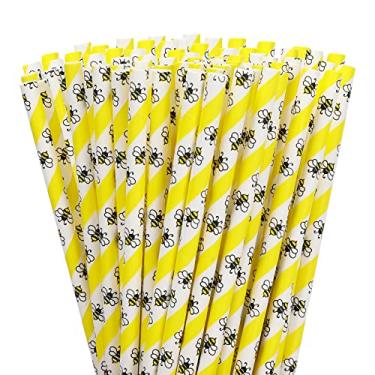 Imagem de Whaline Canudos de papel de abelha 200 peças amarelo branco canudos descartáveis listrados estampados para beber canudos bem trabalhados para sucos shakes coquetel chá de bebê decoração de casamento suprimentos para eventos de festa de verão