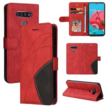 Imagem de Capa carteira para LG K51, compartimentos para porta-cartões, fólio de couro PU de luxo anexado à prova de choque capa flip com fecho magnético com suporte para LG K51 (vermelho)
