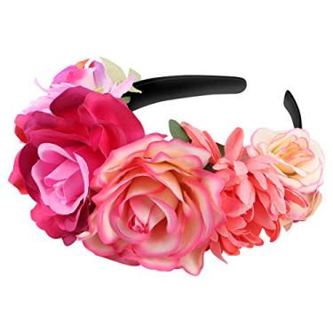 Imagem de Amosfun Faixa de cabeça de flor mexicana com coroa de flor rosa para casamentos, para Halloween, máscaras, festas, cosplay, headdress