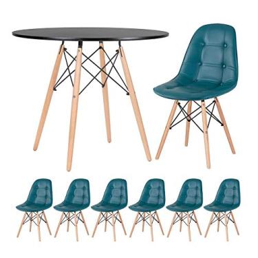 Imagem de Loft7, Kit - Mesa Eames 90 cm preto + 6 cadeiras estofadas Eiffel Botonê turquesa