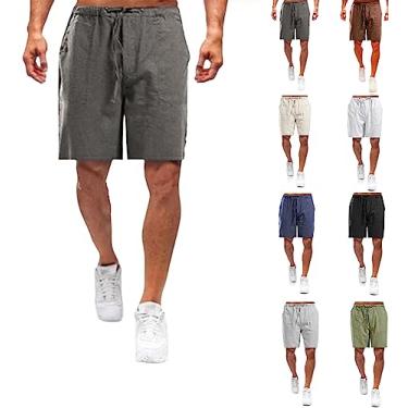 Imagem de Shorts masculinos casuais de linho, shorts masculinos casuais de linho de algodão com cordão e bolsos, shorts de praia de verão (Dark Gray,Large)