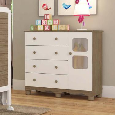 Imagem de Cômoda Infantil 1 Porta com Janela 4 Gavetas 100% MDF Mimo Branco Brilho/Carvalho
