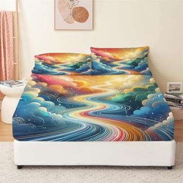 Imagem de Jogo de lençol King Size com 4 peças - Linhas nuvens arco-íris coloridas confortáveis respiráveis e refrescantes - Lençóis de cama de luxo para mulheres e homens - Bolsos profundos, fácil de ajustar,
