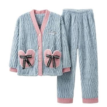 Imagem de LUBOSE Pijama feminino confortável, conjunto de pijama feminino, pijama de veludo coral feminino, pijama térmico feminino, dois conjuntos de pijama, Azul, GG