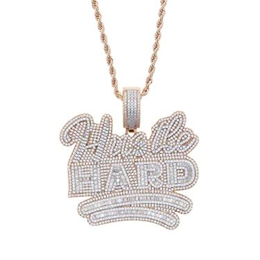 Imagem de ATJMLADYJEWELRY Colar com pingente rígido de ouro rosa, 2 cores, micro pavê 5A, zircônia cúbica gelada, hip hop, significado, letra Hustle, Latão, Zircônia cúbica