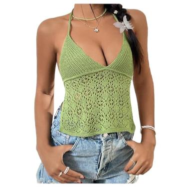 Imagem de SweatyRocks Blusa cropped feminina bordada de crochê de malha frente única, Verde, P