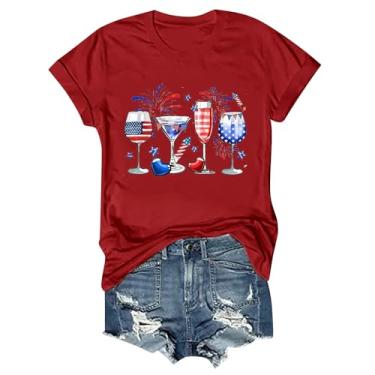 Imagem de Camisetas patrióticas femininas 4 de julho 2024 manga curta gola redonda bandeira dos EUA túnicas gráficas engraçadas taça de vinho, Vermelho, XXG