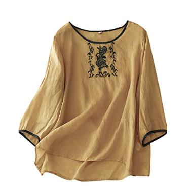 Imagem de Camisetas femininas de linho de manga curta, algodão, casual, solta, gola redonda, bordada, túnica quadrada, Amarelo, M