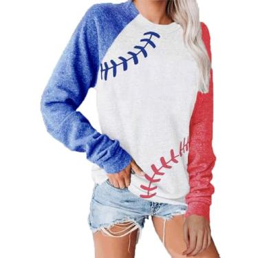 Imagem de Camisa de beisebol feminina casual grande moletom manga longa estampa engraçada gola redonda suéter feminino 2024 moderno color block, Azul, G