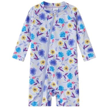 Imagem de UMELOK Maiô inteiro para bebês meninas com zíper FPS 50+ proteção solar Rash Guard, Flores amarelas - roxo claro, 2-3 Anos
