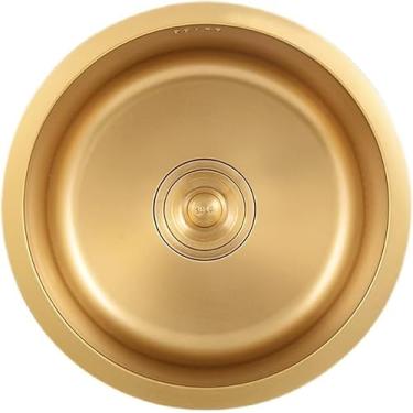 Imagem de Pia de cozinha pequena para campervan de tigela única Tigela redonda de aço inoxidável com filtro Pia de bancada embutida com sifão Despensa Bar Pia mobiliada, dourada, 32 * 32 cm