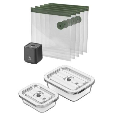 Imagem de Kit Seladora a Vácuo Portátil com 5 Sacos Herméticos + Potes Herméticos de Vidro para Fechamento a Vácuo 02 Unidades Electrolux