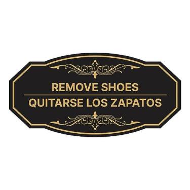 Imagem de Signs ByLITA Sapatos Victorian Remove - Placa bilíngue Quitarse los zapatos (preto dourado) - Grande