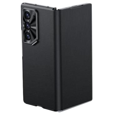 Imagem de HAO RIYLN Capa de couro genuíno para Samsung Galaxy Z Fold 6, suporte de lente invisível, capa de telefone com dobradiça de tela de proteção de câmera de metal antiarranhões, preta