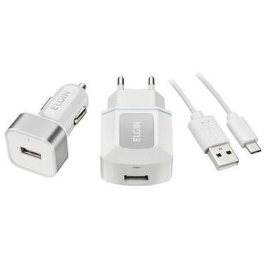 Imagem de Kit Carregador USB De Tomada + Carregador USB Veicular Cabo 1M Elgin