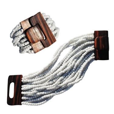 Imagem de Pulseira étnica Bali com contas brancas com fecho de fivela de madeira dura – 14 fios elásticos de contas de vidro de 2 mm – 5 cm de largura para pulsos de 18 a 20 cm em caixa de presente, 8 inches