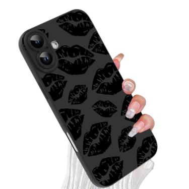 Imagem de Wlxee Capa Lips Kiss para iPhone 16, design fofo de batom beijos flores, TPU macio, proteção à prova de choque para mulheres e meninas - impressão de lábios pretos