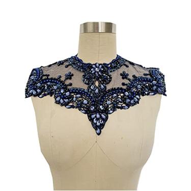 Imagem de Zbroh Remendos de renda feitos à mão com strass costurados em contas e apliques de lantejoulas para decote de roupas sociais (azul escuro)