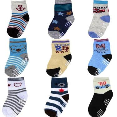 Imagem de Kit 9 Pares Meia Infantil Bebe Antiderrapante Menino 0 A 24 - BEBE MAL