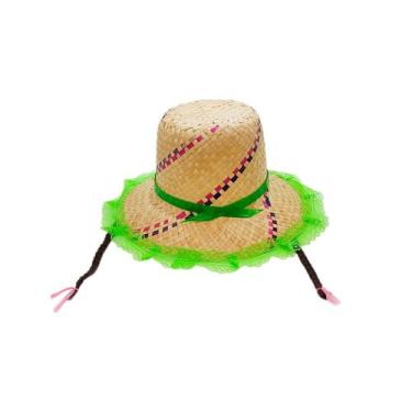 Imagem de Chapéu de Palha de Renda com Trança - Verde com Detalhes Roxo/Vermelho