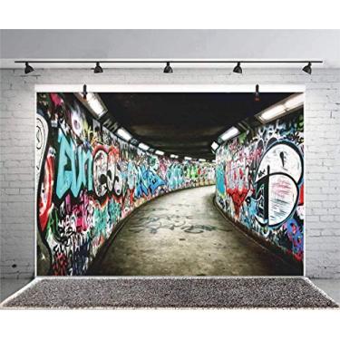 Imagem de OERJU 2,1 x 1,5 m Graffiti Wall Photography Backdrop Underground Dirty Grunge Street Pintura a óleo vintage abandonada fábrica colorida tijolo parede pintura de parede gráfico de vinil adereços de