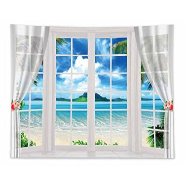 Imagem de Allenjoy Fundo de janela de praia de verão de 3 x 2,4 m Pano de fundo de fotografia tropical havaiana folhas de palmeira de ilha do oceano bandeira de festa luau casamento aniversário decoração de cabine de fotos