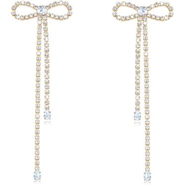 Imagem de Nanafast Brincos de laço de strass, brincos longos pendurados com pingente de borla para mulheres, meninas, casamentos, noivas, festas, bailes, presentes para aniversário, dia das mães, Natal, Zinco,