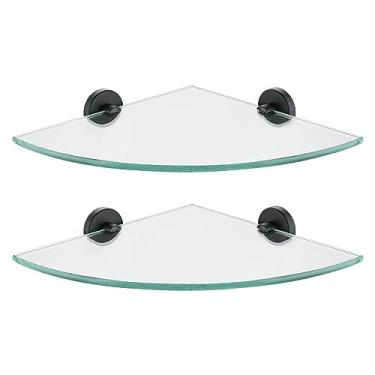 Imagem de JQK Prateleira de vidro de canto preta, prateleira de parede flutuante triângulo de aço inoxidável 304 para banheiro, vidro temperado 25,4 x 25,4 cm, pacote com 2, TGS190L10-PB-P2