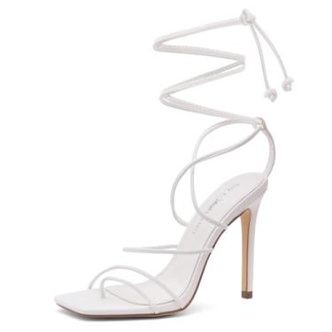 Imagem de Shoe Land SL-Finely sandália feminina bico quadrado com cadarço e salto agulha, Branco, 11