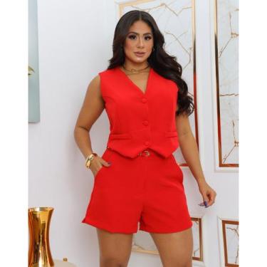 Imagem de Conjunto Feminino Alfaiataria Shorts Colete E Cinto Premium Vermelho -