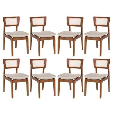 Imagem de Kit 8 Cadeiras De Jantar Portugal Em Madeira Imbuia Encosto Tela Rattan Linho Bege M58