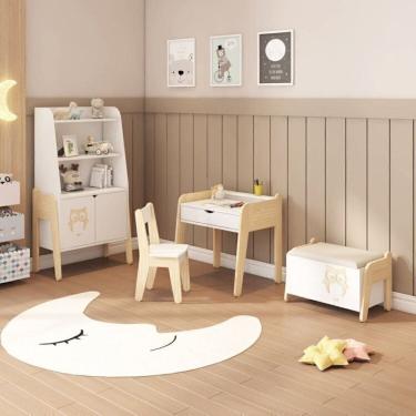 Imagem de Conjunto Infantil 1 Estante 1 Mesa 1 Cadeira e Baú Corujinha Casatema Branco/Natural
