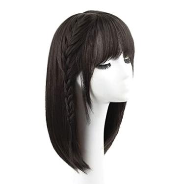 Imagem de Lindo Perucas de cabelo humano preto para mulher peruca longa preta reta com franja peruca de cabelo humano reta de comprimento médio perucas retas em camadas (17"/42 cm) Ajustável