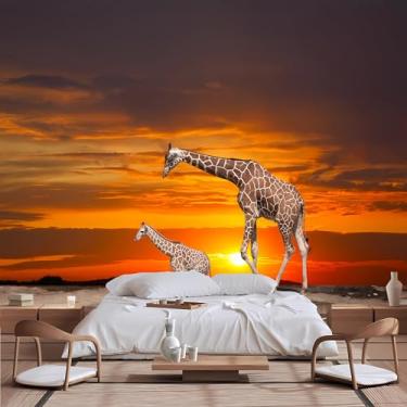 Imagem de Lcythiazole Mural de parede de girafa de tamanho personalizável, adesivo de parede de girafa, mural de parede com foto traseira de girafa ao anoitecer, para sala de estar, quarto, quarto infantil