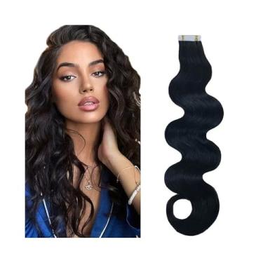 Imagem de Fita para extensão de cabelo Fita em extensões de cabelo humano # 1B Fita invisível preta natural em extensões de cabelo 20pcs 50g Onda corporal sem costura Trama de pele Remy Fita de cabelo em extens