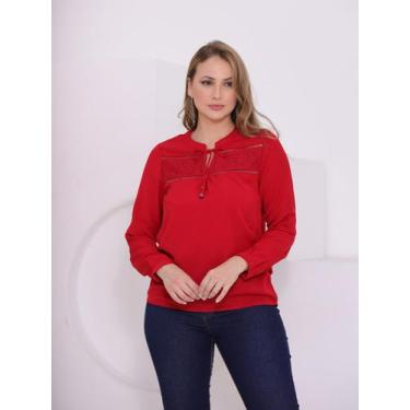 Imagem de Blusa Feminina Manga Longa Decote U com Amarração e Detalhes em Renda 