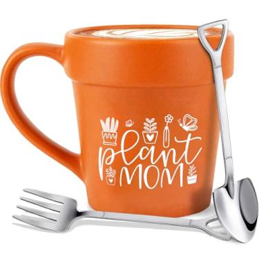 Imagem de Caneca de café Plant Mom Gardener Caneca de vaso de plantas com pá colher e garfo - Presentes de jardineiro feitos à mão para mulheres - presentes de dia das mães para avó, mãe, mamãe, presentes de