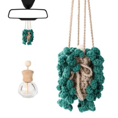 Imagem de Aromatizador de carro de crochê, linda planta de samambaia de crochê para carro pendurado com garrafa de aromaterapia de 12 ml para ornamentos de espelho de carro, acessórios femininos de carro