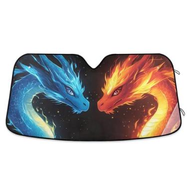 Imagem de Guarda-sol vermelho azul dragão olhos fogo para-brisa para-sol para carro, carro, SUV, caminhão, janela frontal, pára-sol, protetor de pára-sol, bloqueador, raios UV refletem o calor, 139,7 cm x 71,1