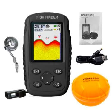 Imagem de Localizador portátil de peixe, transdutor de sonar portátil sem fio, localizador de peixes, recarregável para pesca, caiaque, barco de pesca, visor LCD de profundidade e temperatura da água e contorno